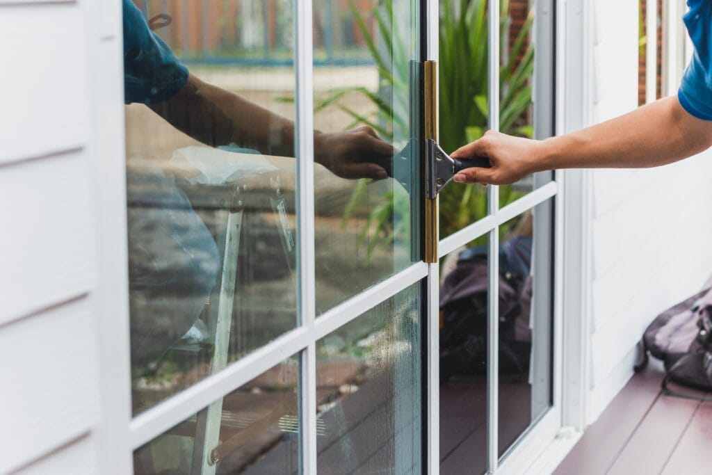 worker,use,scraper,cleaning,window,before,installing,tinting,film.