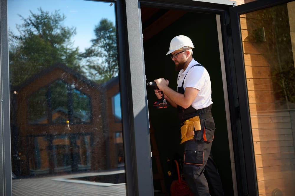 Ouvrier de construction installant une porte dans un nouveau chantier de construction de maison. Homme en tenue de travail installer la porte d'entrée en verre. Constructeur en uniforme avec tournevis ajustant la porte vitrée avant dans la nouvelle belle maison.