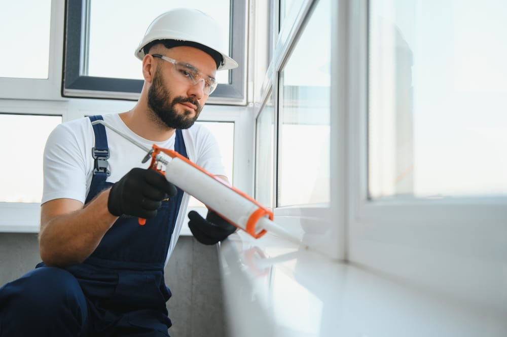 Mains appliquant un mastic de silicone qui se défend contre les fuites d'eau et le mildiou. Services de réparation et d'entretien des maisons.